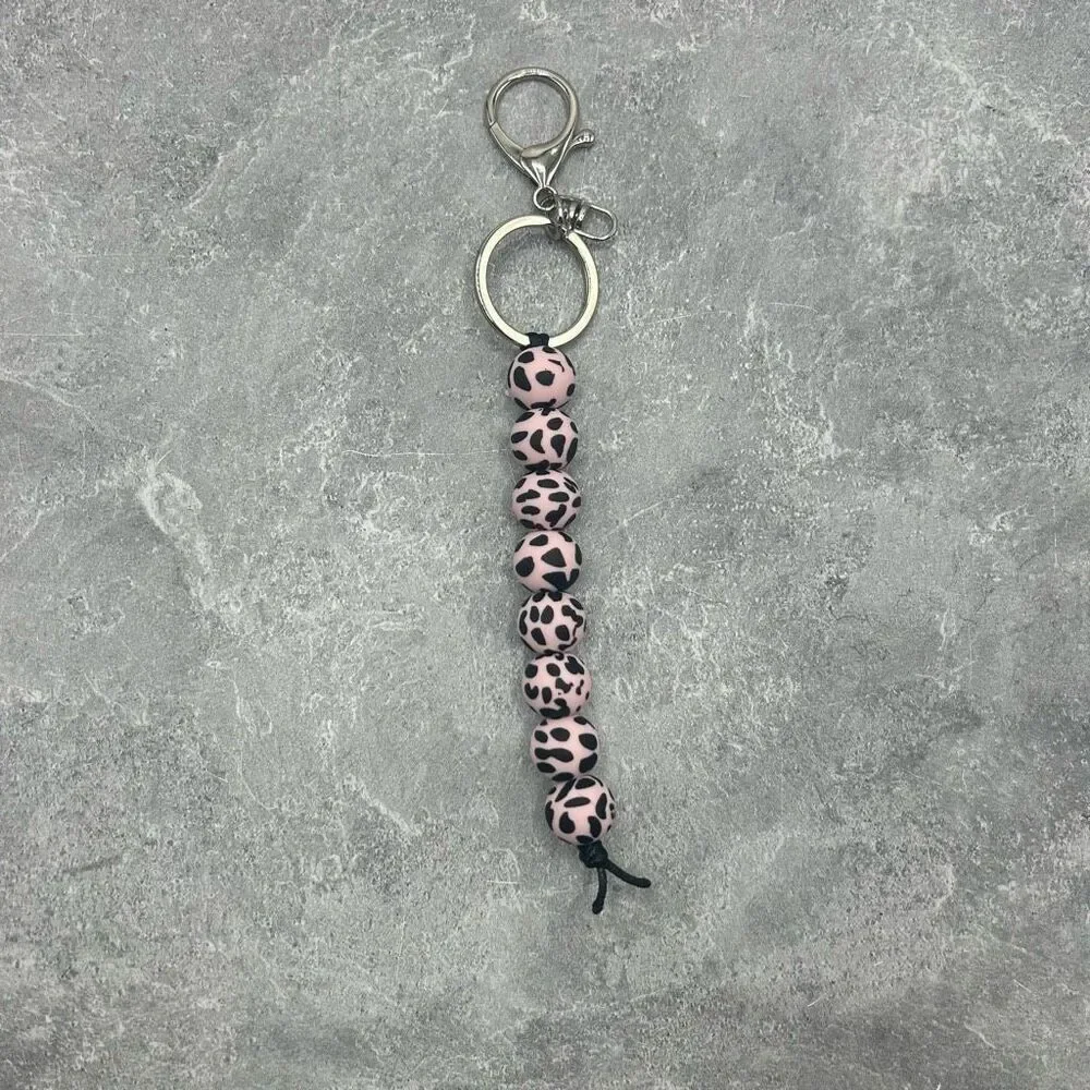 New Handmade Leopard Beaded Keychain Black Pink Round Beads Wristlet Key Ring Ac